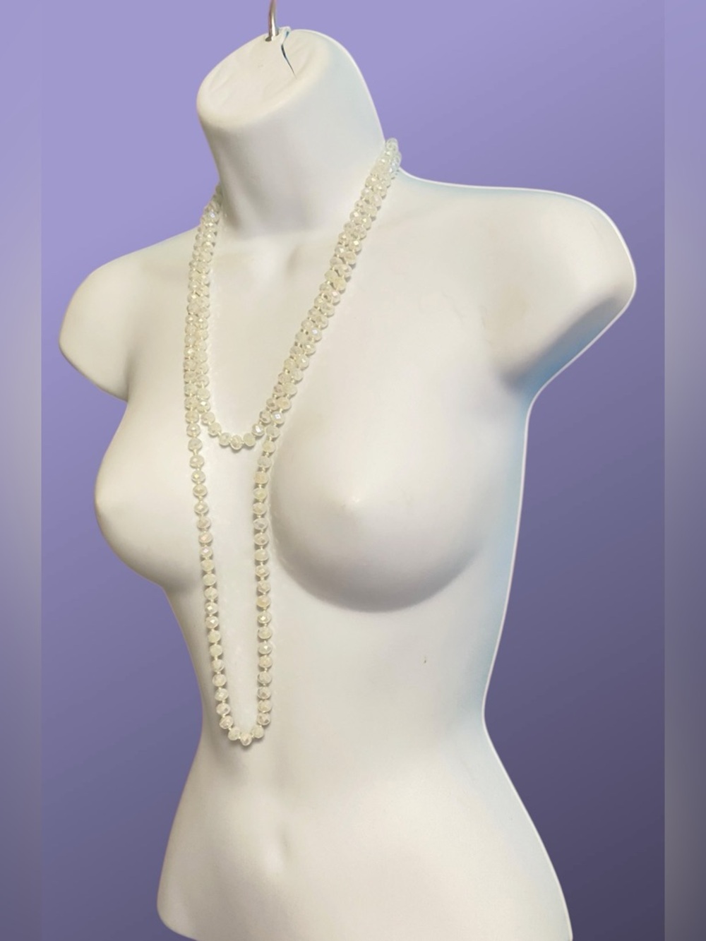 White Iridescent Glass Fasceted Beads Over-The-Head Style 58”
